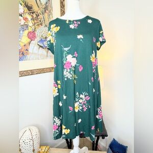 Old Navy Green Floral Short Sleeve Dress Rayon Stretch Casual Women’s Sz M